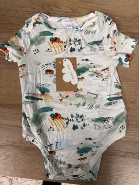 Angel Dear Farm Print Onesie in White with Green & Mustard Accents